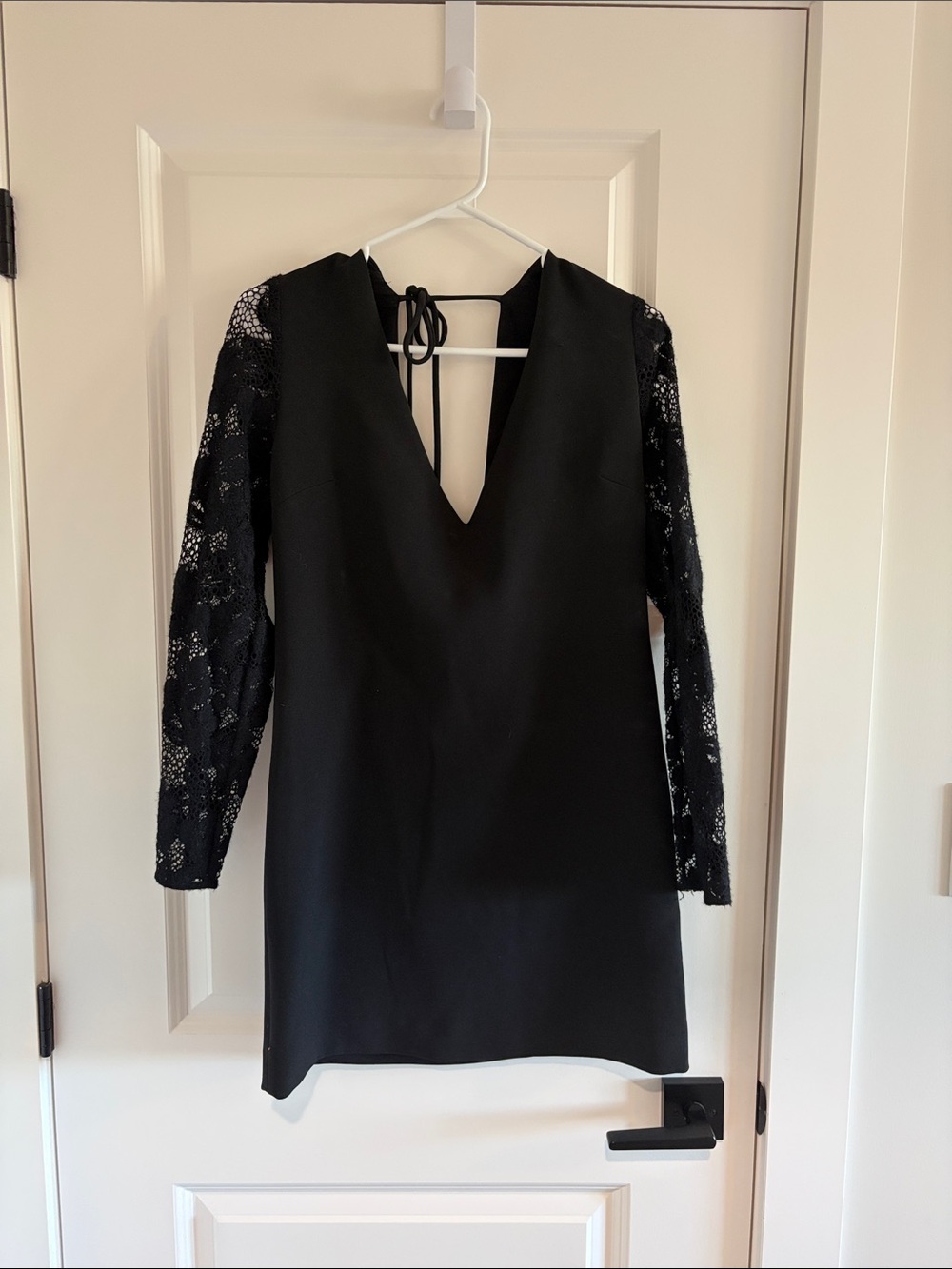 The Kooples Black V-Neck Mini Dress with Lace Long Sleeves and Back Tie